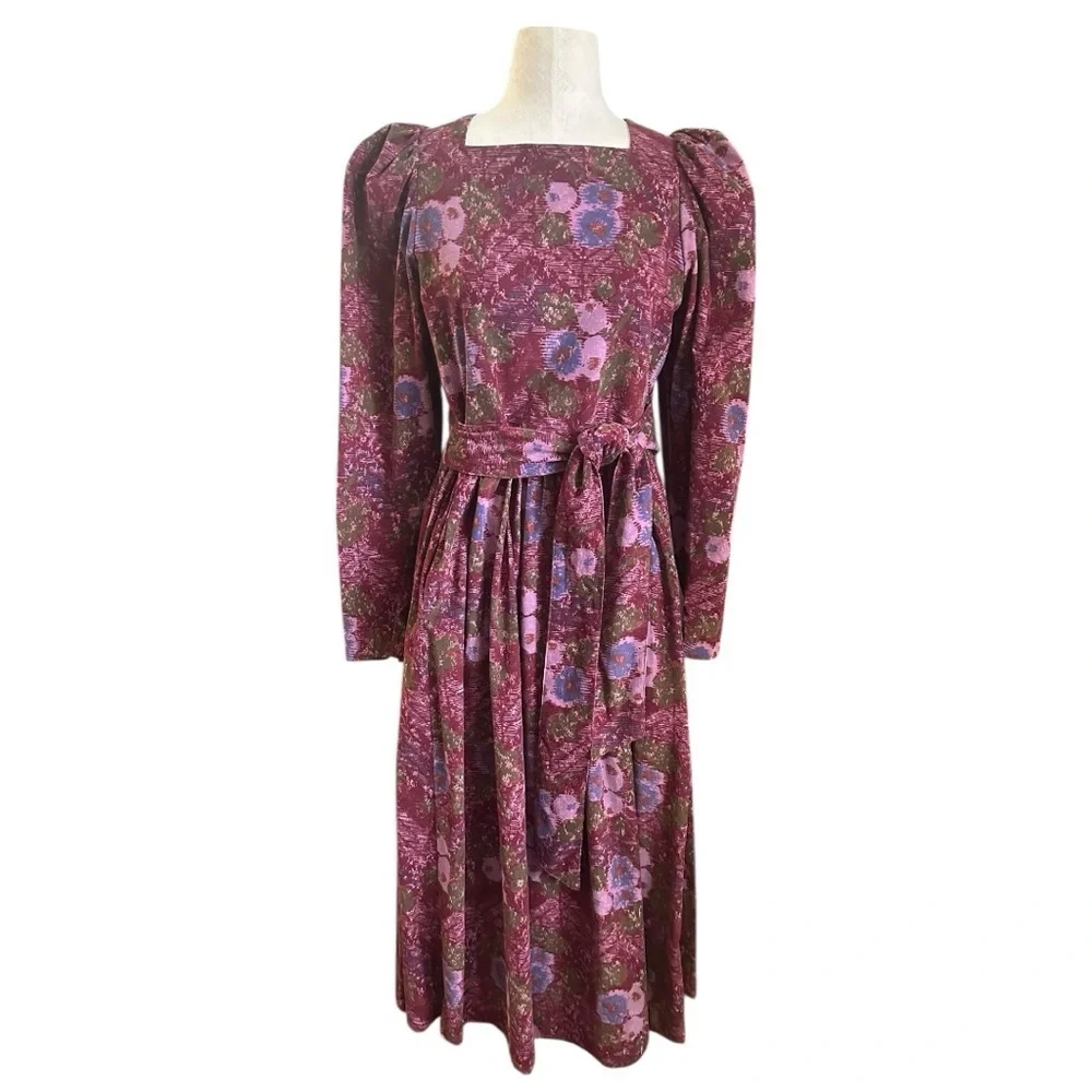 Vintage Laura Ashley Gorgeous Floral Long Sleeve Midi Dress w/ Belt & Pockets 10 - Picture 2 of 11